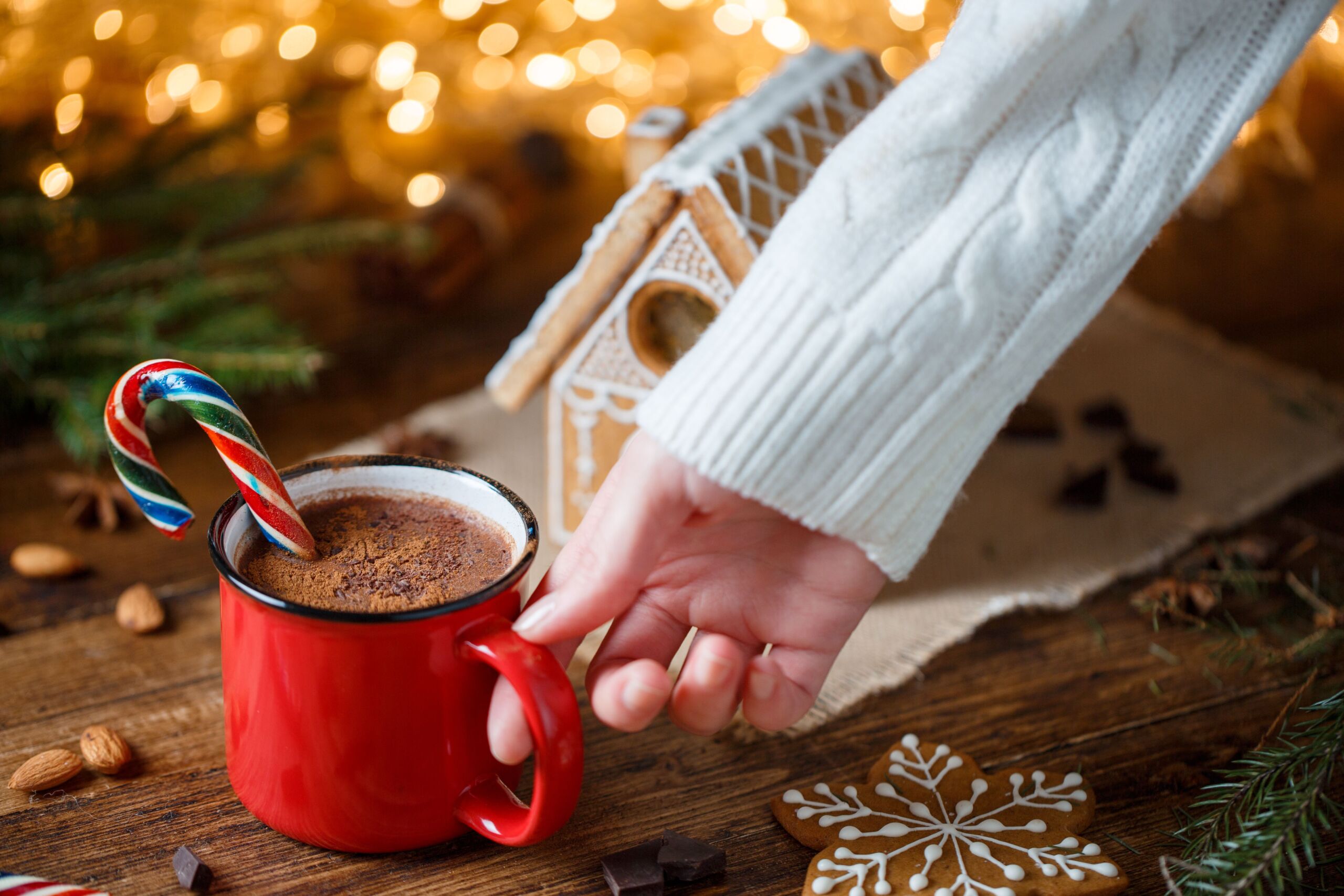 Warm and inviting winter scene with hot chocolate and gingerbread house.